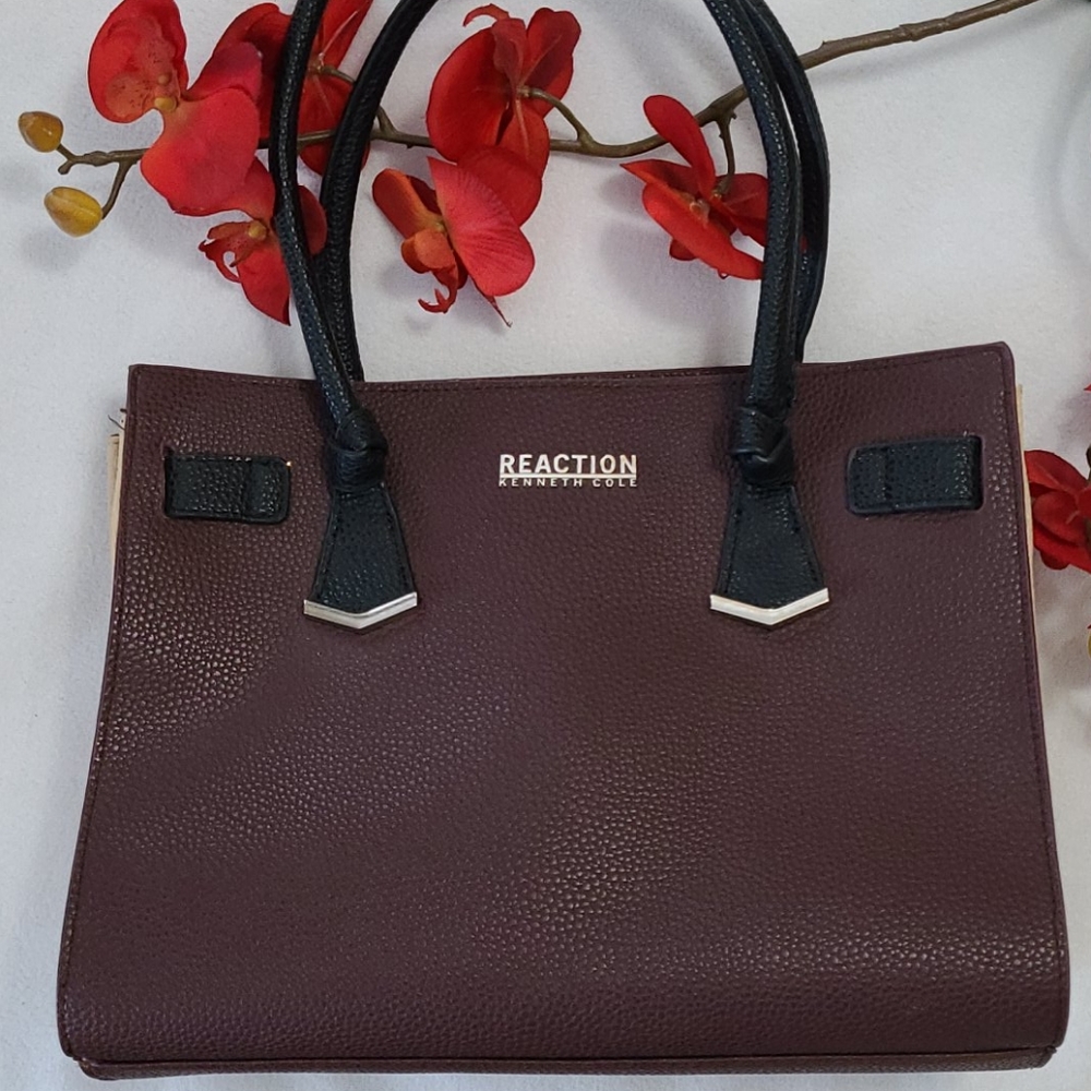 Kenneth Cole Reaction Tote Bag Purse Color Block Tri Tone Brown Cream Zip Pocket